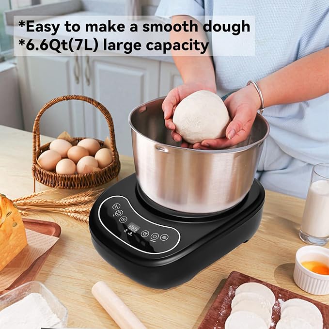 7L Electric Dough Mixer for Bread and Pizza Dough, Dough Maker Featuring a Ferment Function.304 Stainless Steel Whisk and a Top Small Window for Easy Add Water and Seasoning(Black）