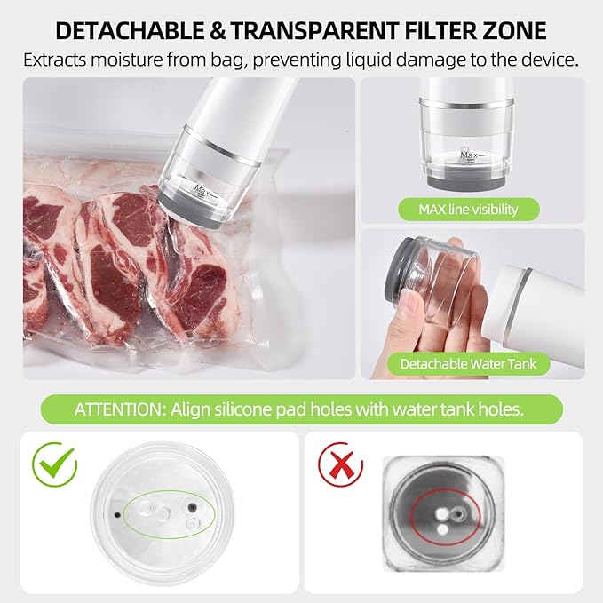 Vacuum Sealer for Food, with 15 Reusable Vacuum Bags, Handheld Vacuum Sealer with Auto-Stop、Detachable Filter and Visible Water Tank, Seal Meal Saver