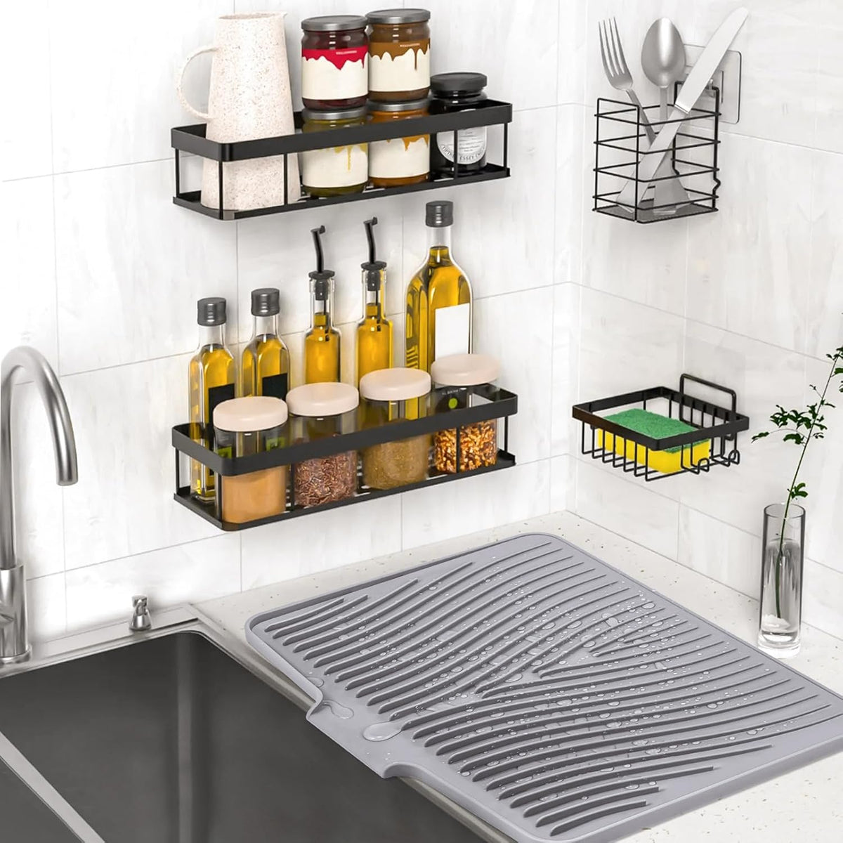Dish Drying Mat, Stone Drying Mat for Kitchen Counter with Built-in Drain, Non-Slip Drying Matt Kitchen Counter, Heat Resistant Silicone Drying Mat, Dish Drying Pad, 2 Pcs(Grey 19.7" x 17")