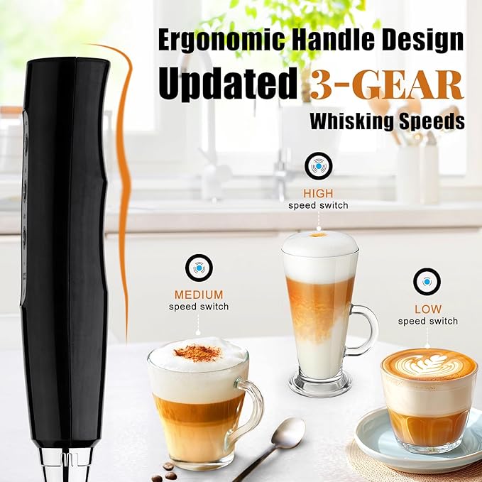 Nahida Black Handheld Milk Frother for Coffee, Rechargeable Electric Whisk with 3 Heads 3 Speeds Frother Foam Maker For Latte, Cappuccino, Hot Chocolate, Egg