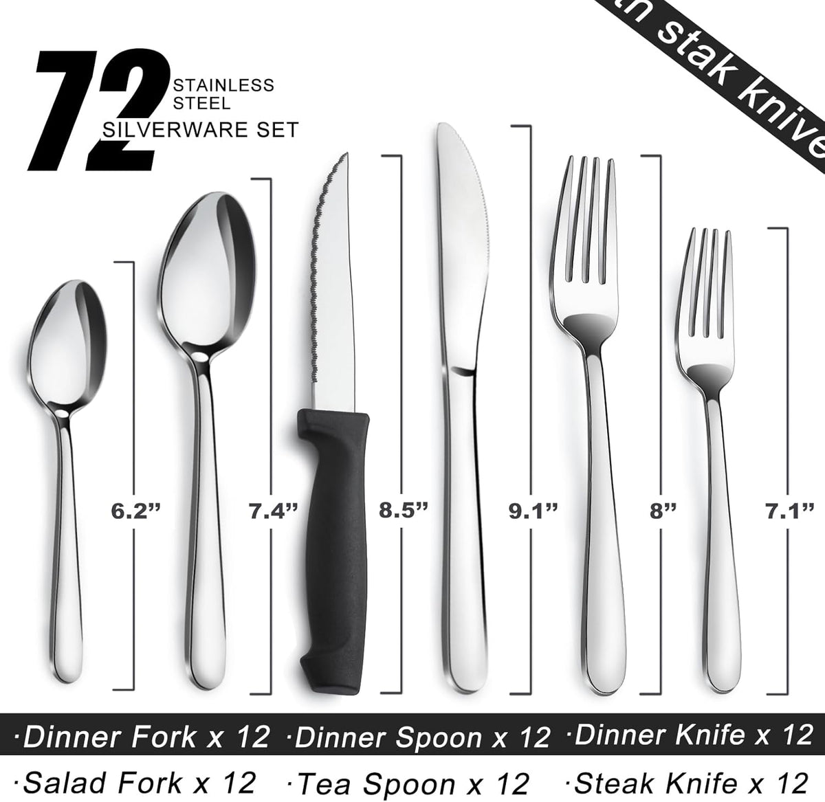 Pleafind 72-Pieces Silverware Set for 12, Flatware Set with Steak Knives, Stainless Steel Cutlery Set, Include Forks Spoons and Knives Set, Dishwasher Safe Utensil Sets for Home Restaurant
