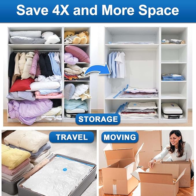 ZXA Vacuum Storage Bags with Electric Air Pump, 8 Pack (4 Large, 4 Jumbo) Vacuum Seal Bags for Clothing, Space Saver Vacuum Storage Bags for Blanket, Duvets, Pillows, Comforters - Blue