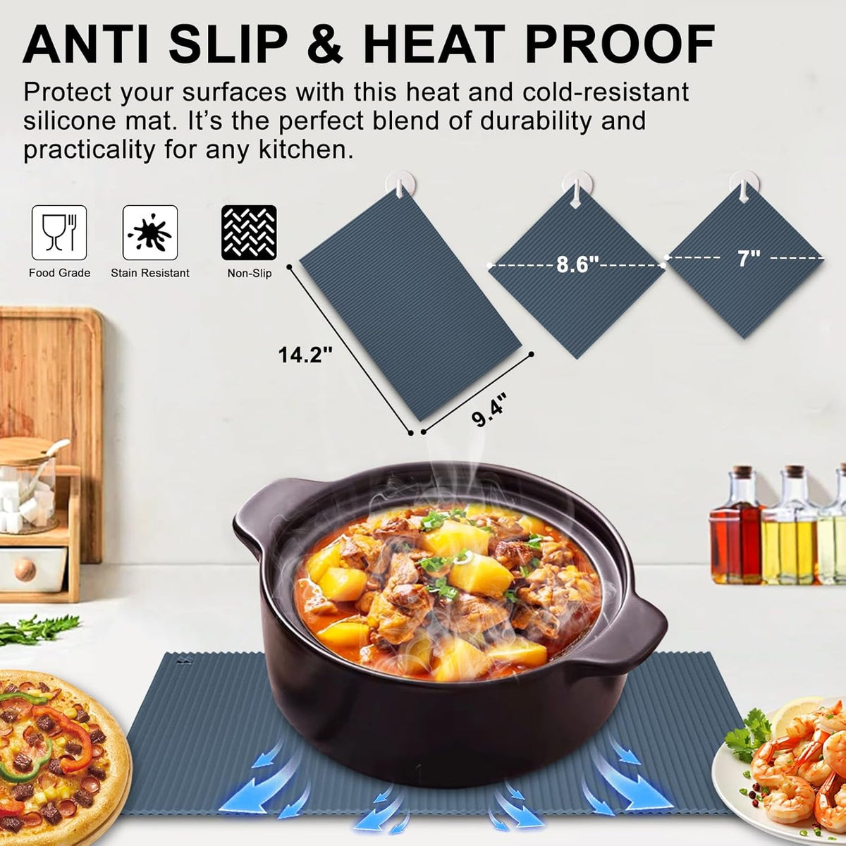2 Pack 9.5"x14.2" Trivets for Hot Dishes, Hot Pads for Kitchen, Silicone Trivets for Hot Pots and Pans, Hot Plates to Protect Table, Heat Resistant Silicone Trivet Grey (Dark Grey, 9.5"x14.2")