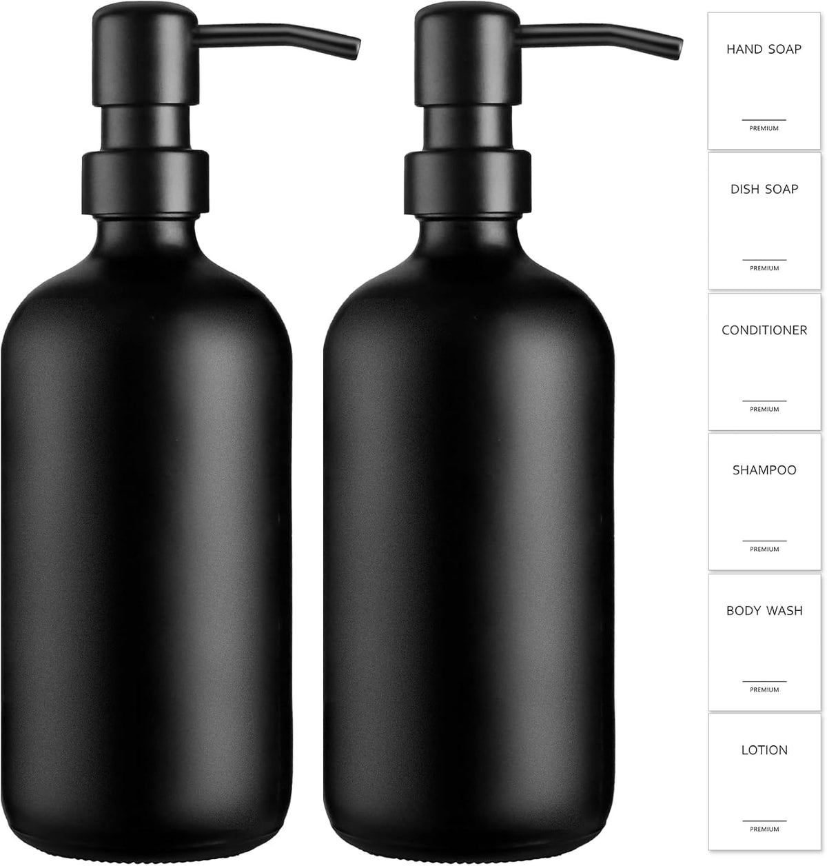 GMISUN Black Soap Dispenser, 2 Pack Matte Black Hand Soap Dispensers for Bathroom, 17 Fl Oz Glass Dish Soap Dispensers for Kitchen with Stainless Steel Pump, Modern Liquid Soap Bottle