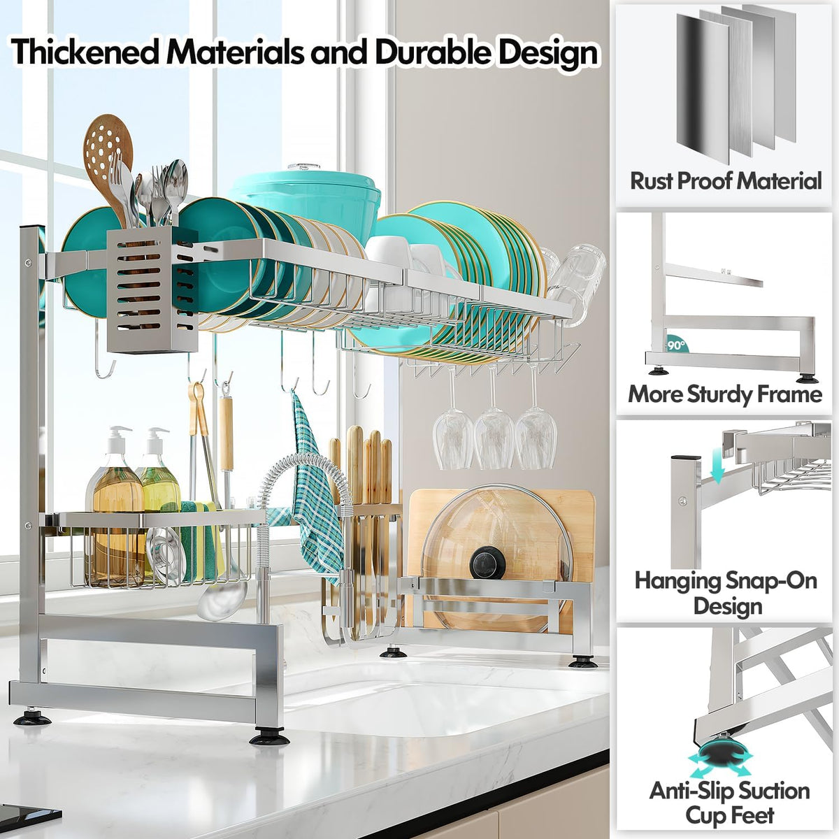 MAJALiS Over Sink Dish Drainer Drying Rack, 2 Tier Stainless Steel Dish Rack Over Sink Sink Length Adjustable (33.5-40 in), Expandable Drainer Shelf Rack with Multifunctional Organizers, Sliver
