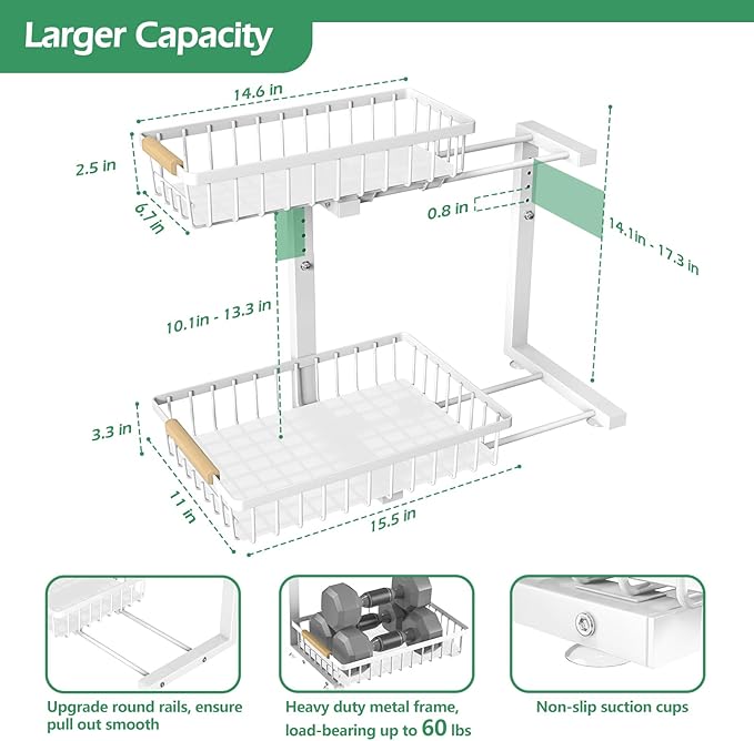 ADRIMER Under Sink Organizer 2 Packs, Pull Out Kitchen Sink Organizer, 2 Tier Slide Out Kitchen Organizers and Storage Bathroom Under Cabinet Storage Shelf, White