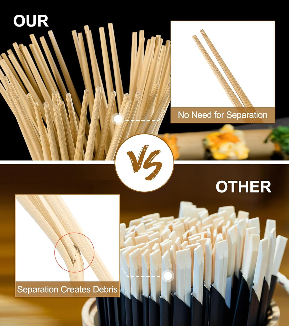100Pairs Bamboo Chopsticks Disposable | Japanese | Sushi | Separated | Non Slip | Pointed Chopsticks-（9.45in）