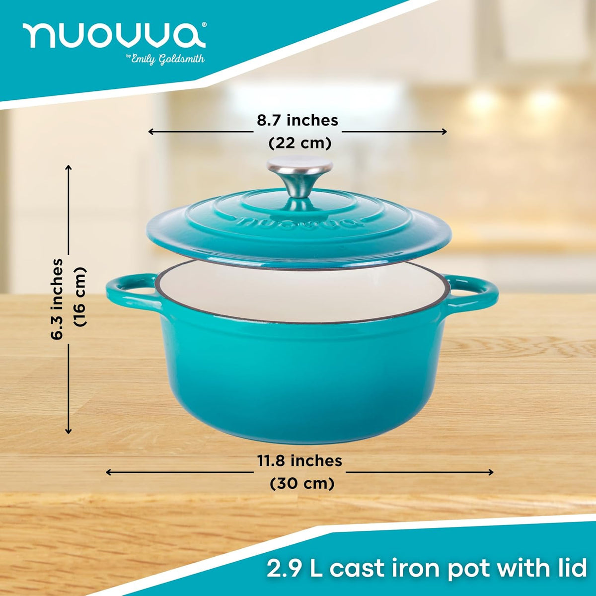 Cast Iron Dutch Oven with Lid – Non-Stick Ovenproof Enamelled Casserole Pot – Sturdy Dutch Oven Cookware – Teal, 3.1-Quart, 22cm – by Nuovva