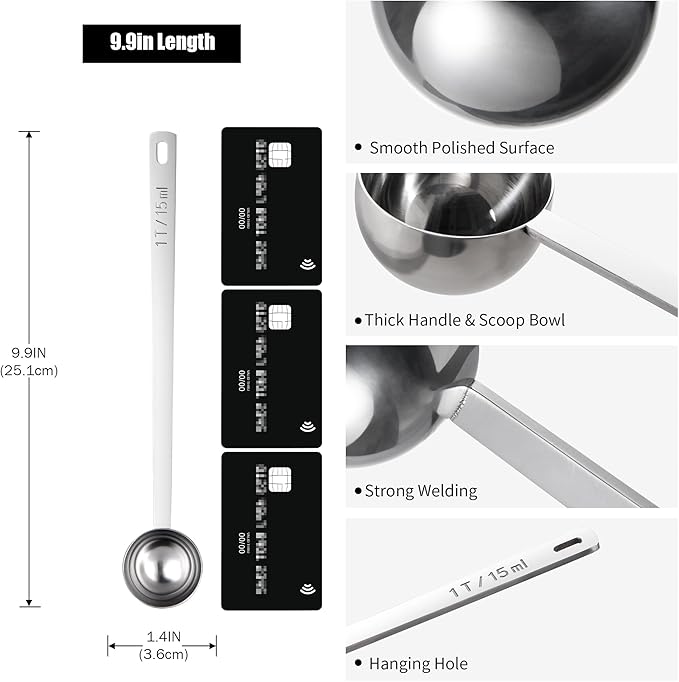 18/8 Stainless Steel Coffee Scoop, Doosu Food-Grade Metal Measuring Spoon with 8.5in Long Handle, Tablespoon Scooper for Coffee Beans, Ground Coffee, Espresso, Protein Powders, Tea, Sugar (1 Tbsp)
