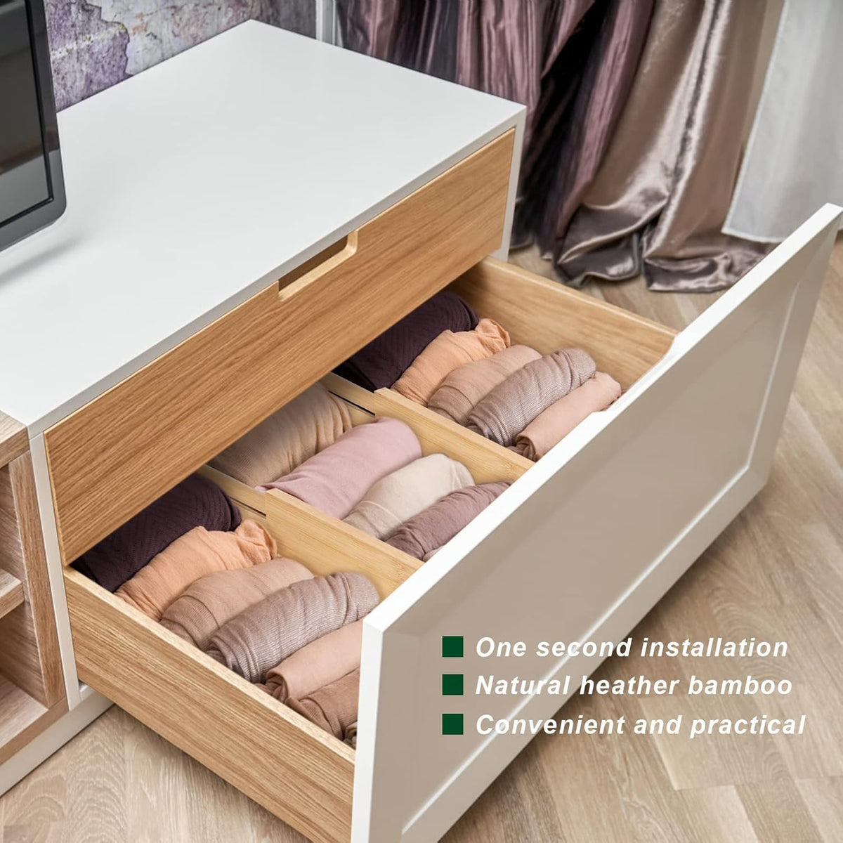4 Pack Bamboo Drawer Dividers, Adjustable Length from 12 Inch to 17 Inch, Expandable Kitchen Drawer Organizer, Drawer Organization Separators for Clothes, Kitchen, Bedroom, Dresser, Office (Beige)