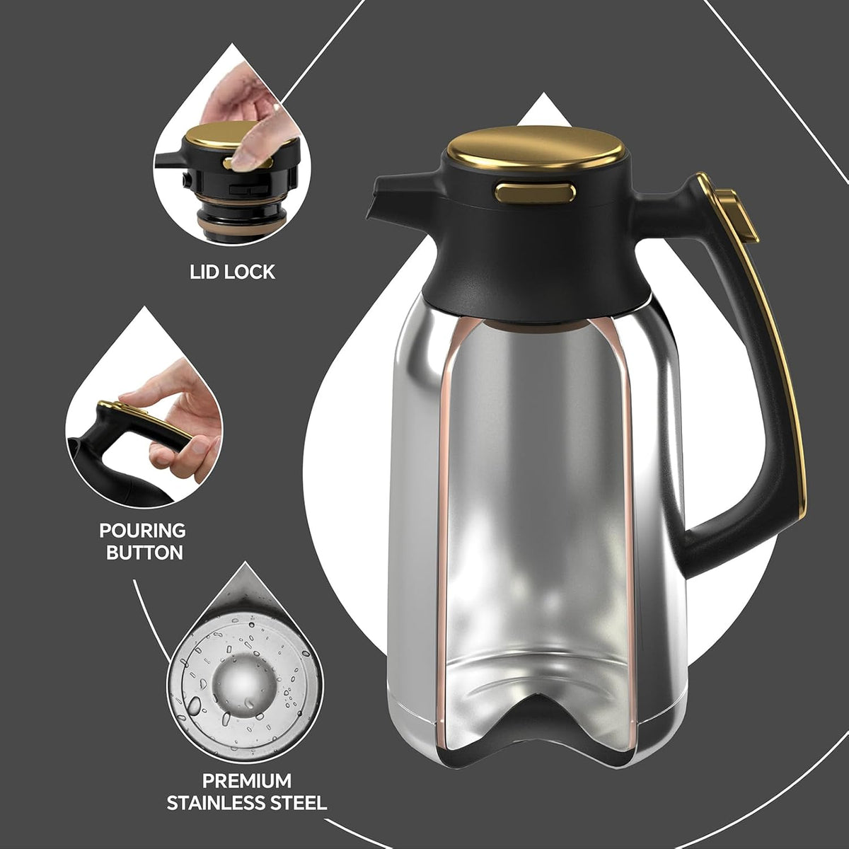 IDEUS Thermal Coffee Carafe 68oz (2,000ml), Stainless Steel Double Wall Insulated Vacuum Flask, Water Jug Coffee Server and Beverage Dispenser, Heat and Cold Retention (Black-Gold, 68oz (2,000ml))