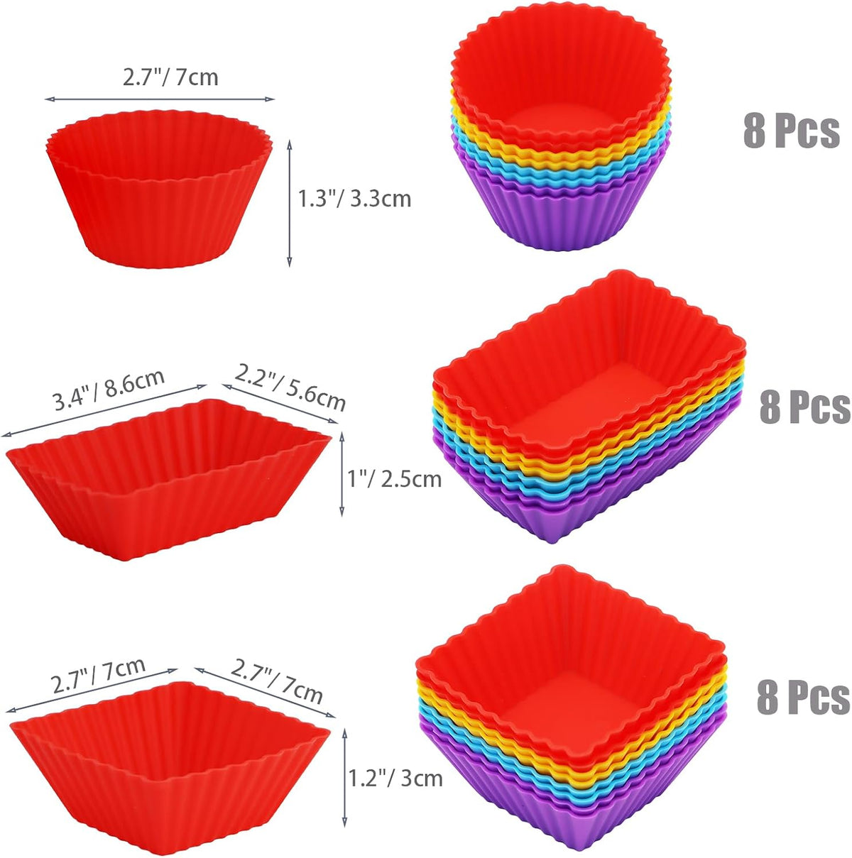 24-Pack Silicone Cupcake Liners, Reusable Muffin Cups – Round, Square & Rectangle Baking Cups, Non-Stick, Easy to Clean, Bento Box Accessories, Lunch Box Dividers for Kids(24 Liners + 20 Animal Picks)