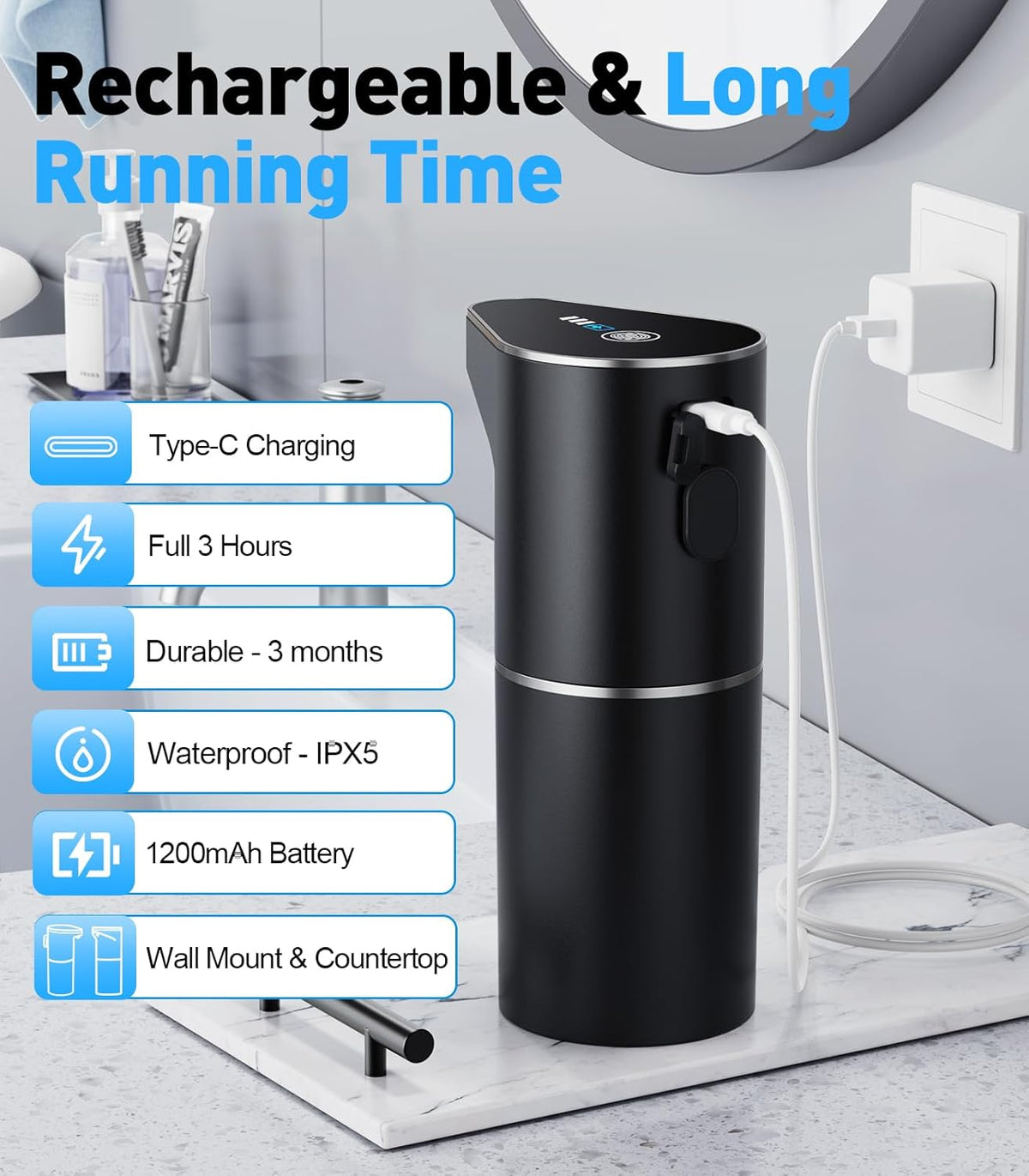 Automatic Soap Dispenser,Touchless Hand Wall Mount Rechargeable 3 Gear Adjustable Electric Soap Dispenser 350ml with Infrared Motion Sensor for Bathroom,Kitchen,Office, Black