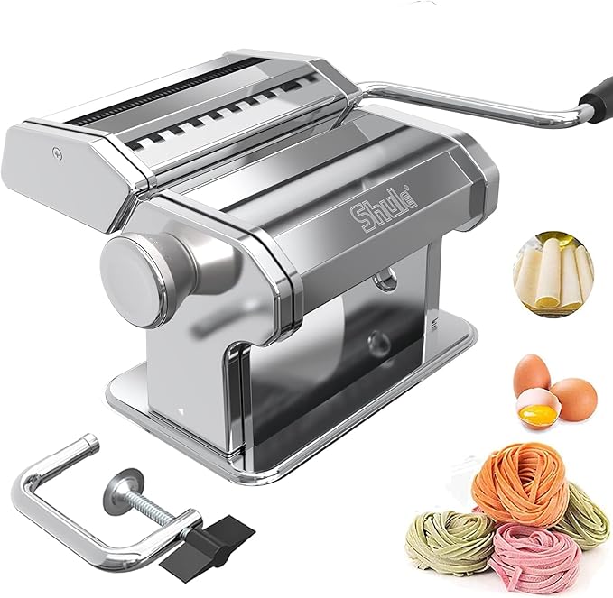 Shule Pasta Maker Machine Stainless Steel Manual Noodle Makers Include Pasta Roller, Cutter, Hand Crank and 7 Adjustable Thickness Setting