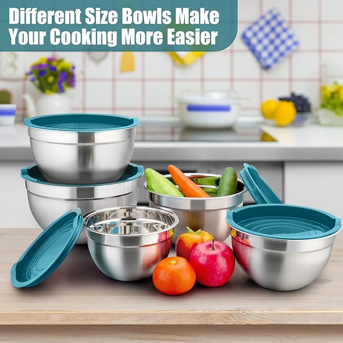 P&P CHEF Mixing Bowls with Airtight Lids Set of 5, 10-Piece Stainless Steel Mixing Nesting Bowl, Metal Bowl with Lid for Kitchen Prepping & Storing, Size 4.6, 3, 1.5, 1, 0.7 QT, Blue