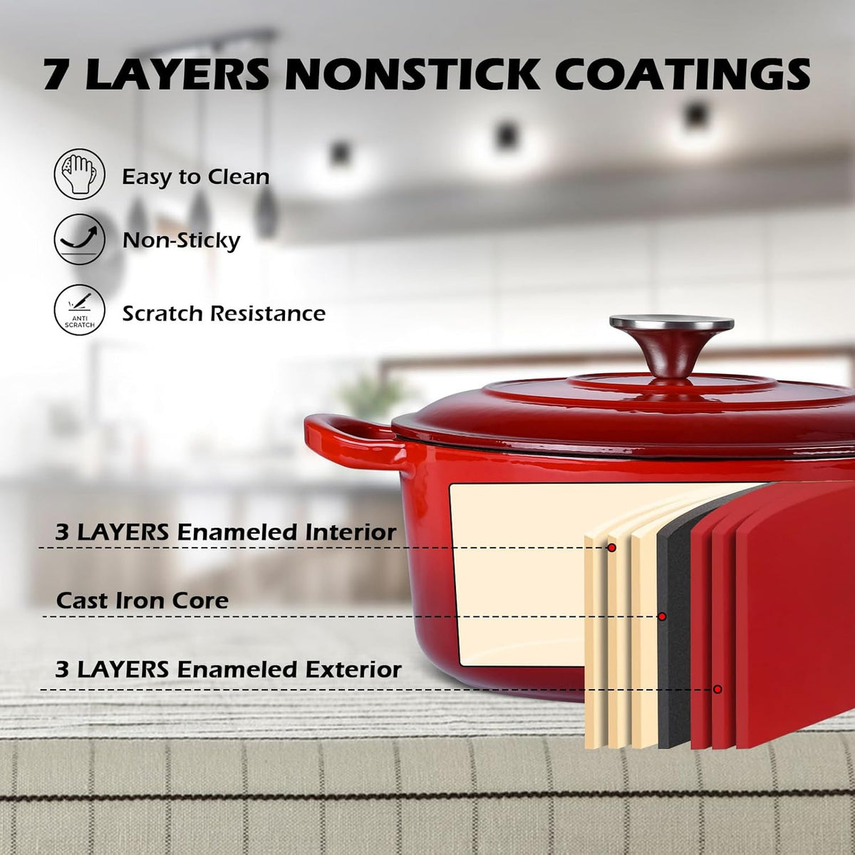 3QT Dutch Oven Pot with Lid, Leonyo 3 Quart Enameled Cast Iron Dutch Oven for Sourdough Bread Baking, Heavy Duty Cookware for Braising, Stews, Roasting, Red