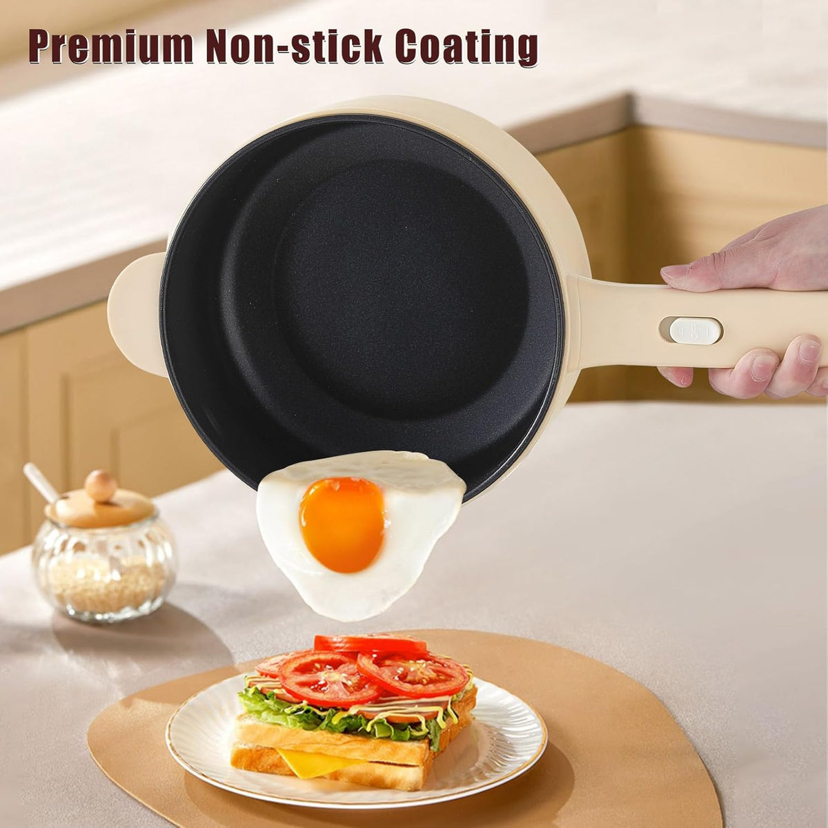 Dezin Electric Cooker, 2L Non-Stick Sauté Pan, Rapid Noodles Cooker, Mini Pot for Steak, Egg, Fried Rice, Ramen, Oatmeal, Soup with Power Adjustment, College Dorm Room Essential(Egg Rack Included)