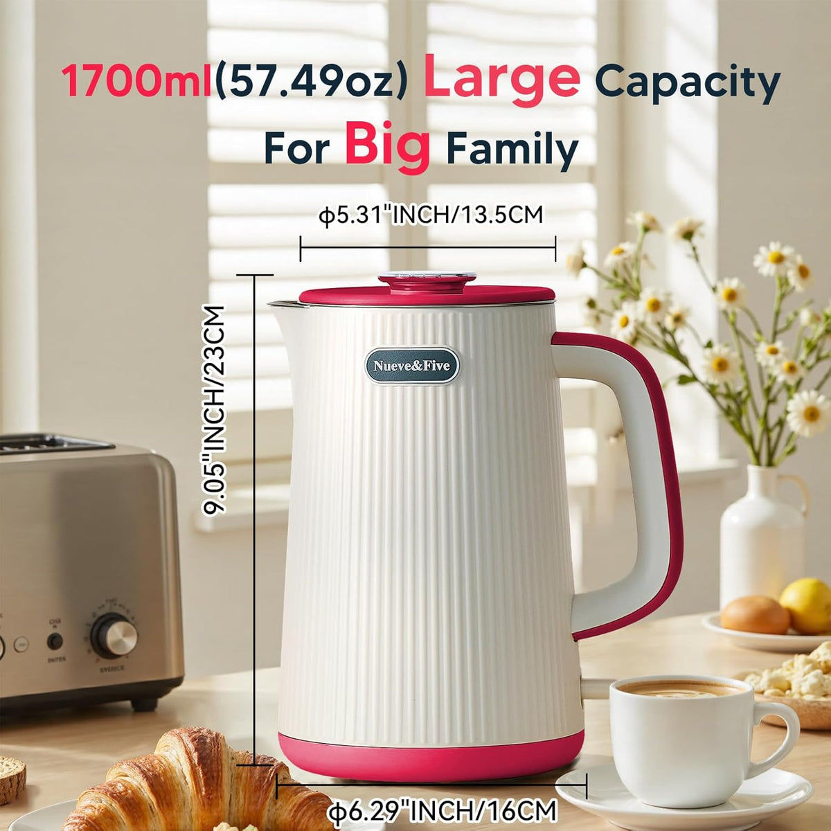Nueve&Five 1.7L (57oz) Large Electric Kettle Perfect for 7+Cups of Tea and Coffee,2 quarts Double Wall Big Electric Tea Kettle,Auto Shut Off,1200W Hot Water Kettle Electric -Red