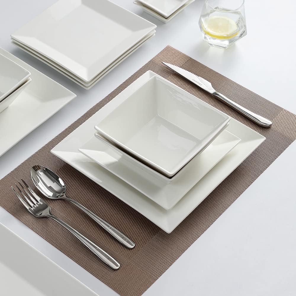 Porlien 16-Piece Classic Square Dinnerware Set for 4-Square Dinner Plates, Dessert Plates, Bowls & Dipping Saucers, Off White Dishes for 4