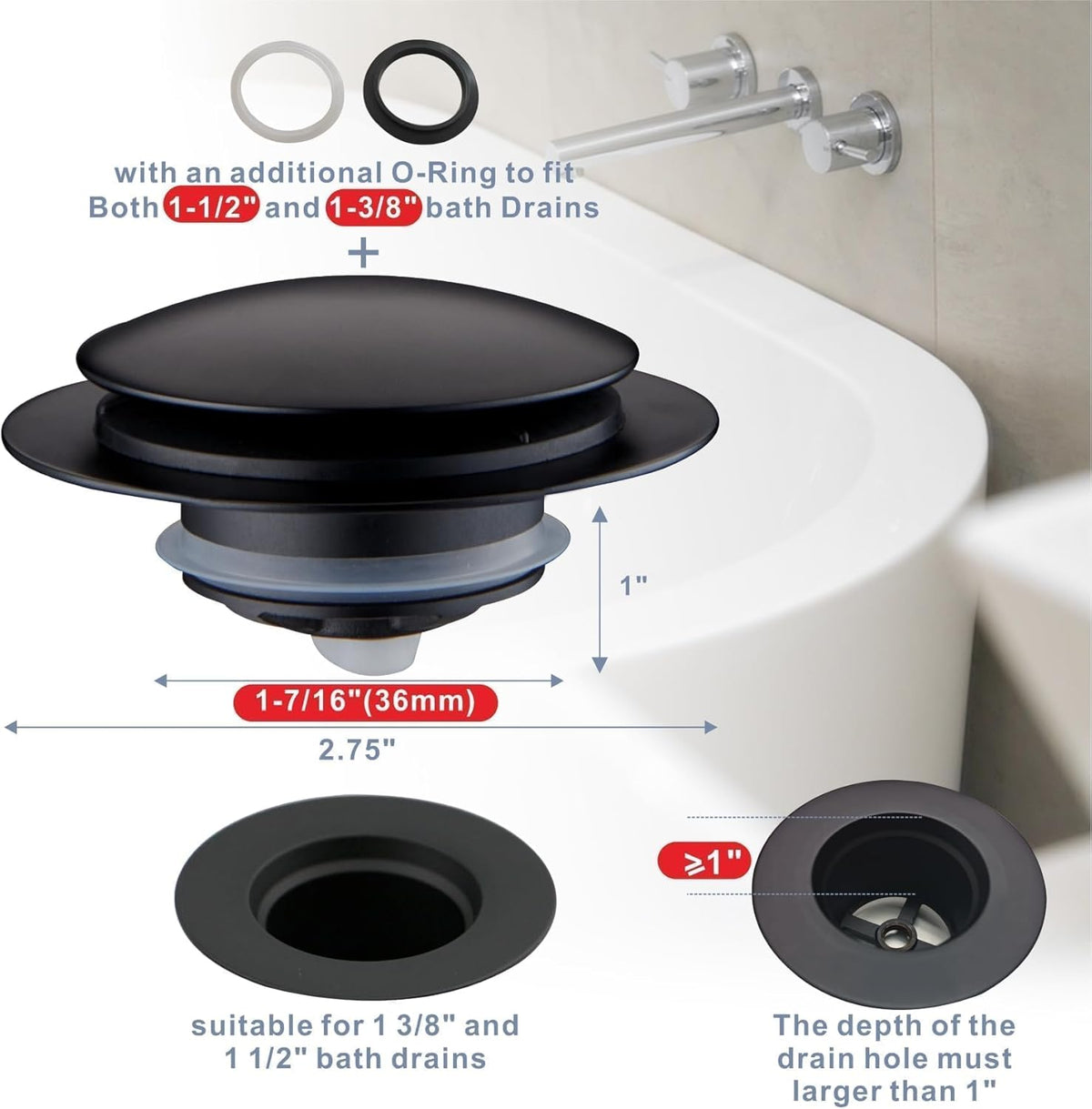 Matte Black Tub Drain Stopper, Hidrop Pop Up Universal Tub Dain Tip Toe Bathtub Drain Stopper, Fit 1.375 to 1.5 Inches, Replaces Lift and Turn, Tip-Toe and Trip Lever Drains for Tub, EZ Installation