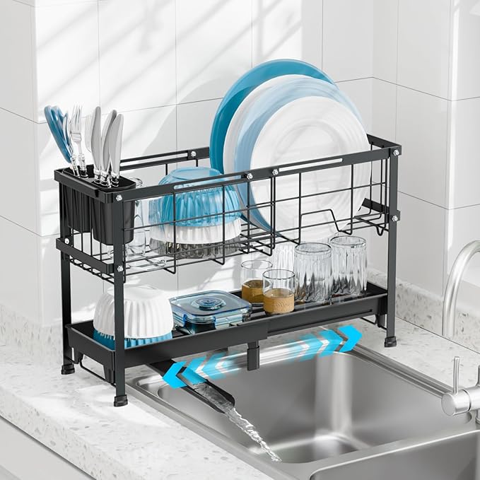 GSlife Narrow Dish Drying Rack, 2 Tier Small Dish Drainer for Kitchen Counter, Expandable Compact Dish Rack with Utensil Holder for RV/1-2 People, 15.7''-20.7''L x 7" D x 12.6" H, Black