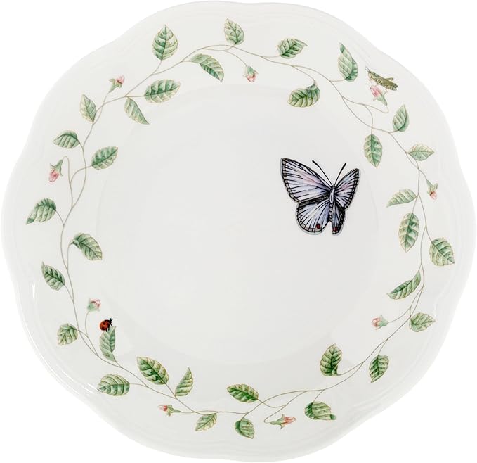 Lenox Pasta Bowls, 20oz Butterfly Meadow Pasta Bowl Set of 4, Service For 4, Porcelain, White Serving Bowls, Wide, Shallow, Lenox Butterfly Meadow Collection, Dishwasher/Microwave Safe (White 4-Piece)