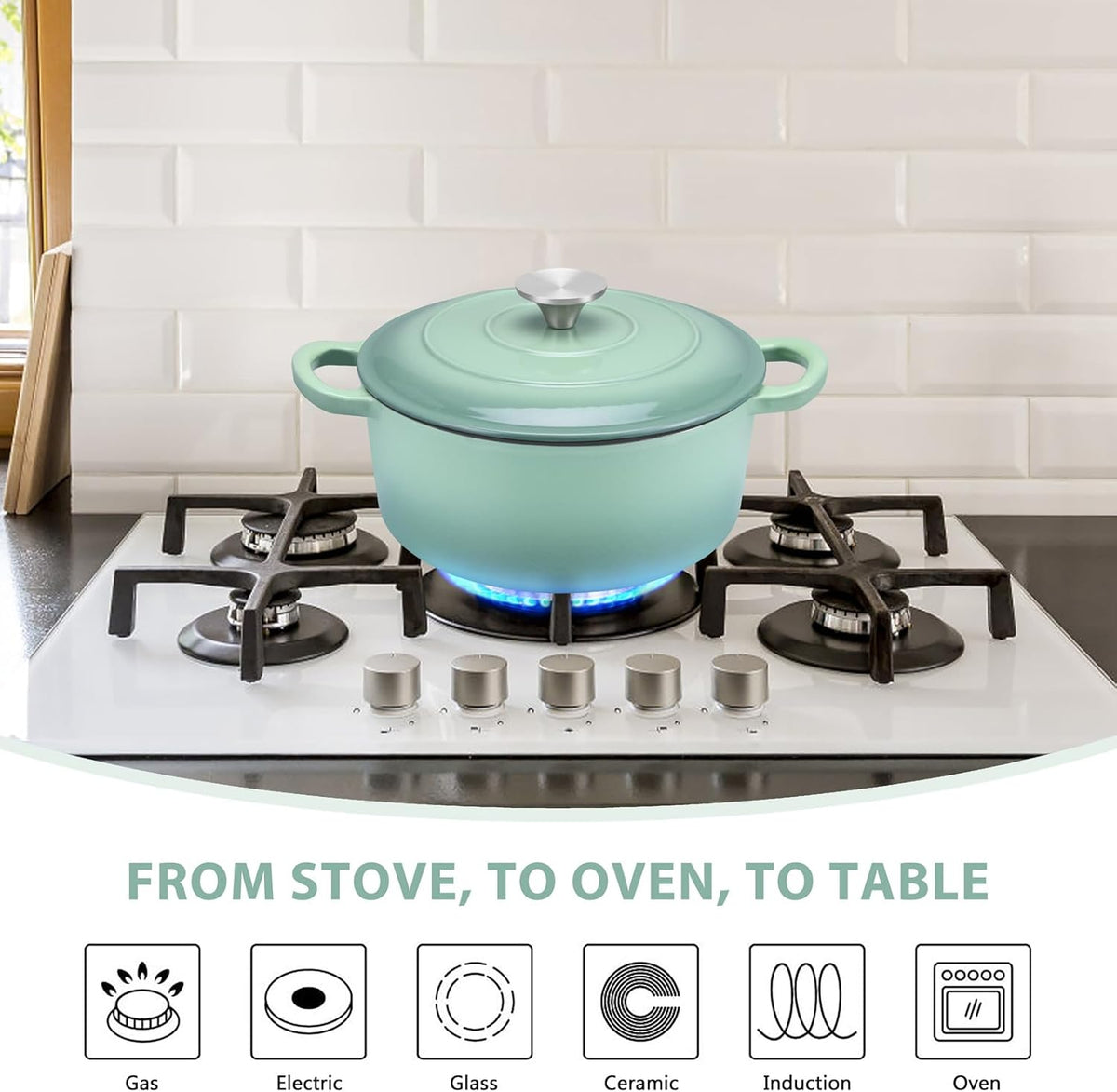 E-far 3 Qt Enameled Cast Iron Dutch Oven with Lid, Small Round Nonstick Dutch Oven Pot for Bread Baking Braising Stews Roasting Cooking, Heavy Duty, Induction & Oven Safe - Sage Green