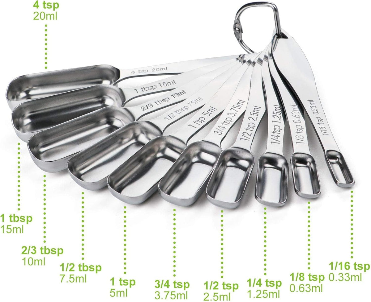 FANGSUN Stainless Steel Narrow Measuring Spoons, Heavy Duty Metal Measuring Spoons with Long Handle and Engraved Measurements Set of 10, For Dry or Liquid, Fits in Spice Jar