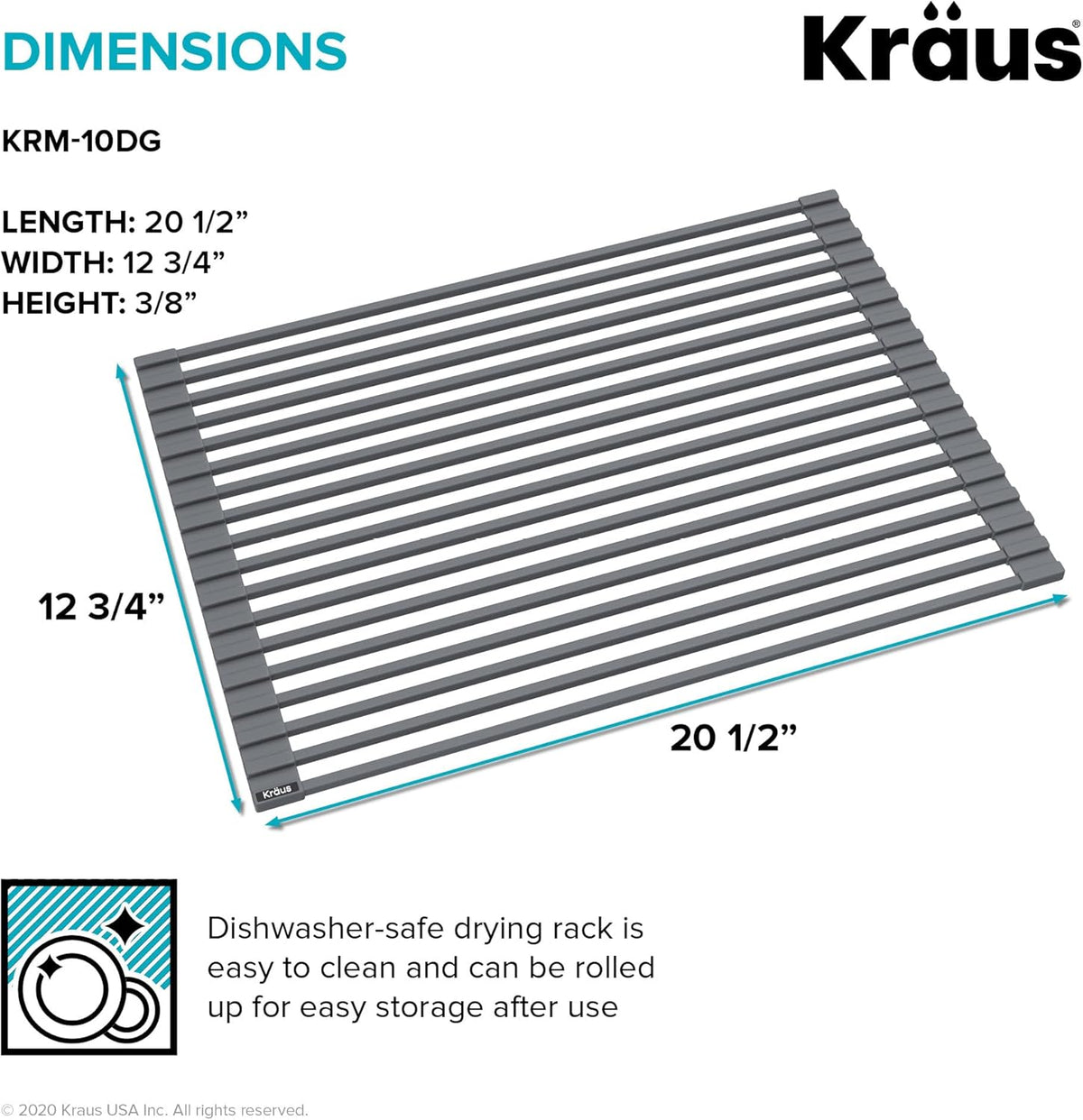 Kraus Roll Up Dish Drying Rack with Self-Draining Silicone Dish Drying Mat and Silicone Soap Dish Holder in Black, KDM-KRM-10BL