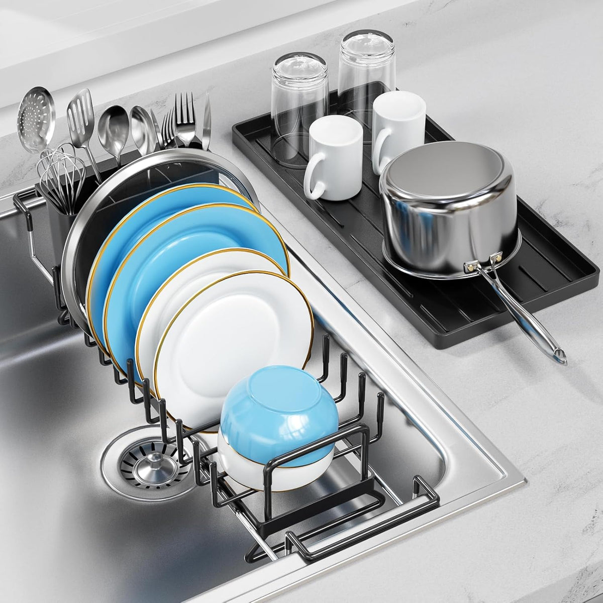 Small Dish Drying Rack in Sink, Expandable Dish Drainer Over Sink with Silicone Drying Tray, Compact Dish Rack for Kitchen Counter with Utensil Holder, Drying Rack Organize Small Space, Black