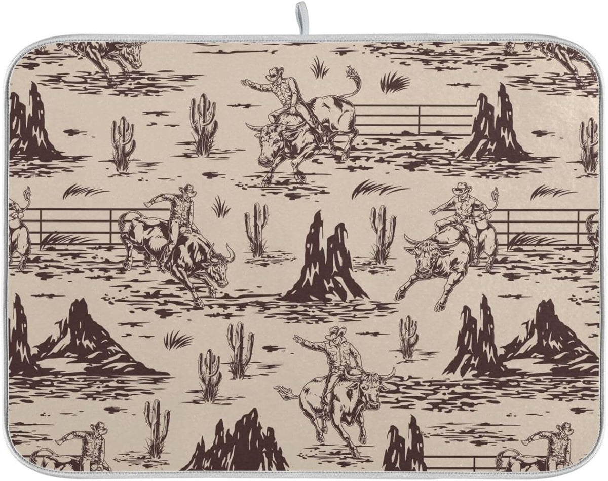 West Cactus Cowboy Dish Drying Mat for Kitchen Counter Absorbent Microfiber Drying Pad, Large 18x24 in, Reversible Drainer Mats
