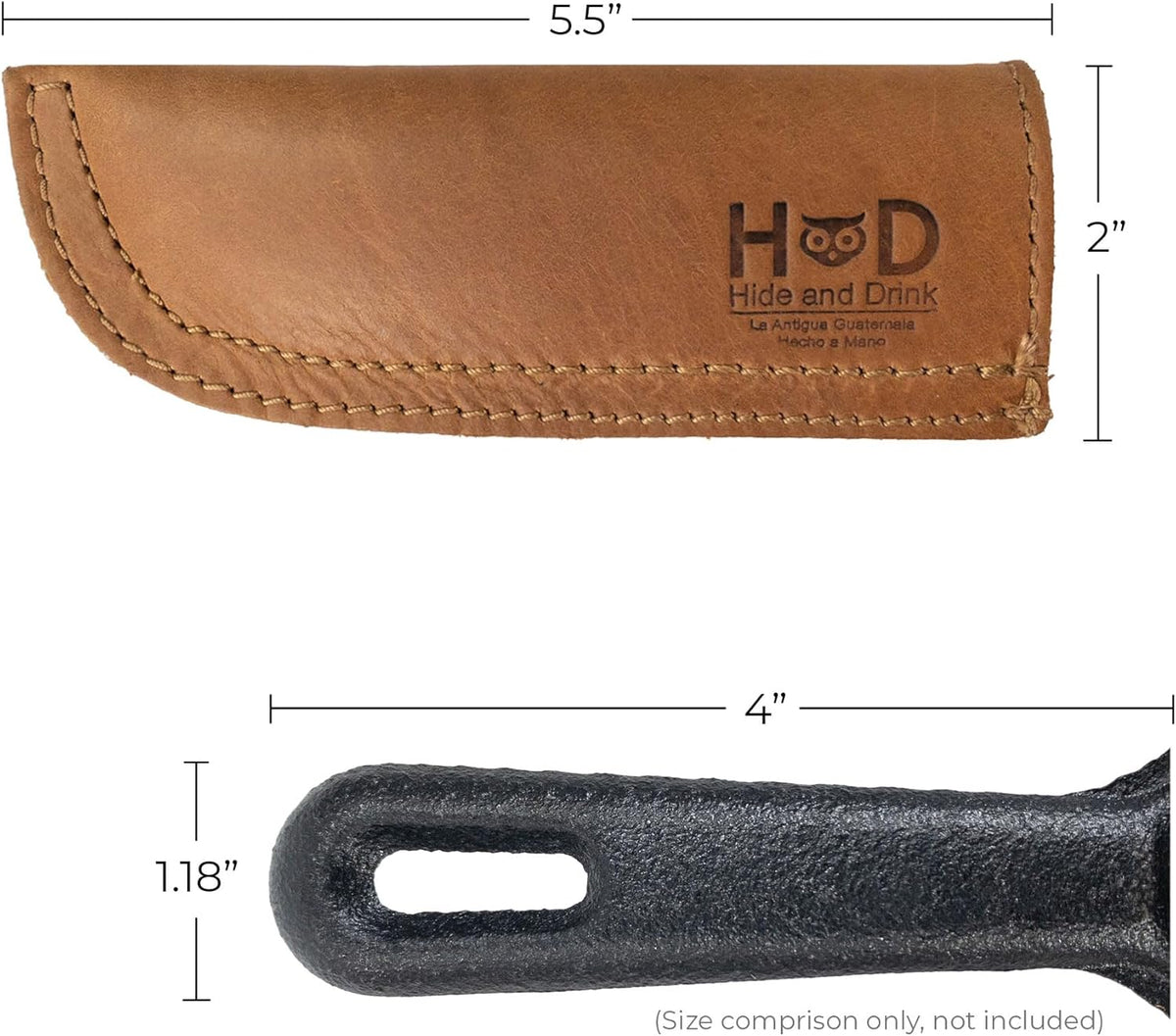 Hide & Drink, Hot Handle, Cast Iron Protector, Panhandle Potholder, Double Layered, Double Stitched, Slides On/Off Easily onto Metal Skillet Grips, Full Grain Leather, Handmade, Single Malt Mahogany