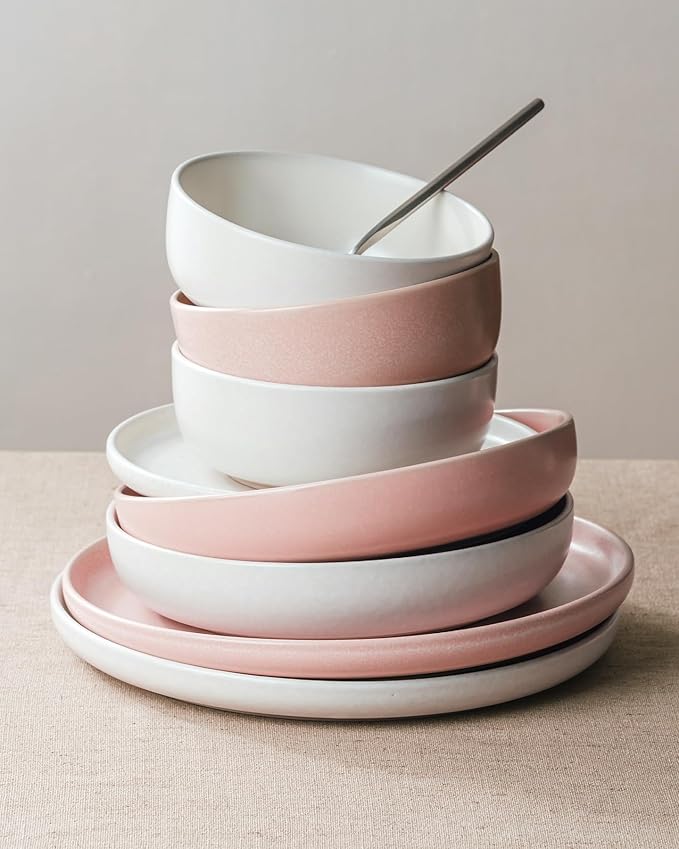 Famiware Milkyway Plates and Bowls Sets, 12 Pieces Dinnerware Sets, Reactive Glaze Dish Set, Stoneware Dishes Set for 4, Matte Beige White & Light Pink