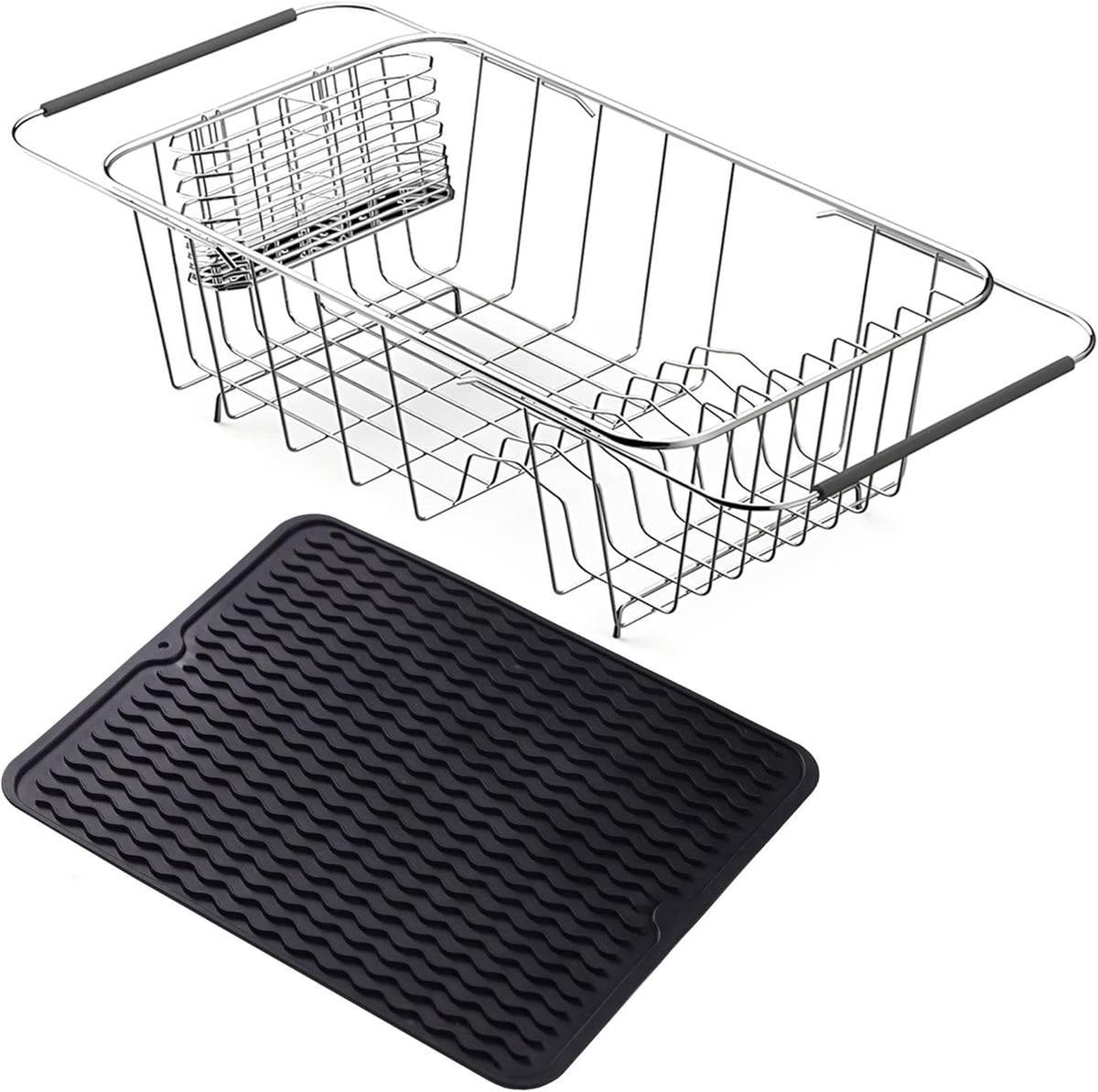 Stainless Steel Dish Drying Rack(15"L x 8.3"W x 4.2"D), Expandable Fruit & Vegetable Drain Rack over Sink, Dish Drainer Rack in Sink, with Stainless Steel Utensil Holder & 16" Silicone Mat