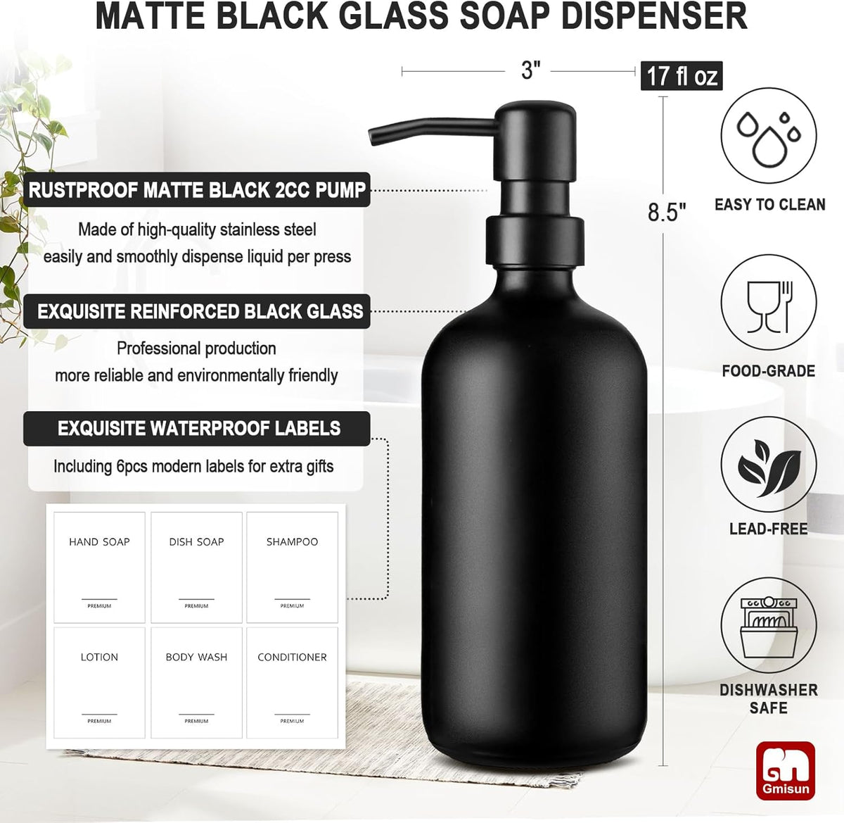 GMISUN Black Soap Dispenser, 2 Pack Matte Black Hand Soap Dispensers for Bathroom, 17 Fl Oz Glass Dish Soap Dispensers for Kitchen with Stainless Steel Pump, Modern Liquid Soap Bottle