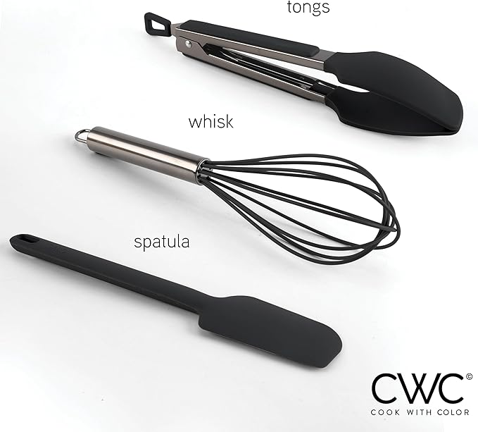 COOK WITH COLOR Stainless Steel Silicone Tipped Kitchen & BBQ Tongs Set, 3 Pc Utensils, Black