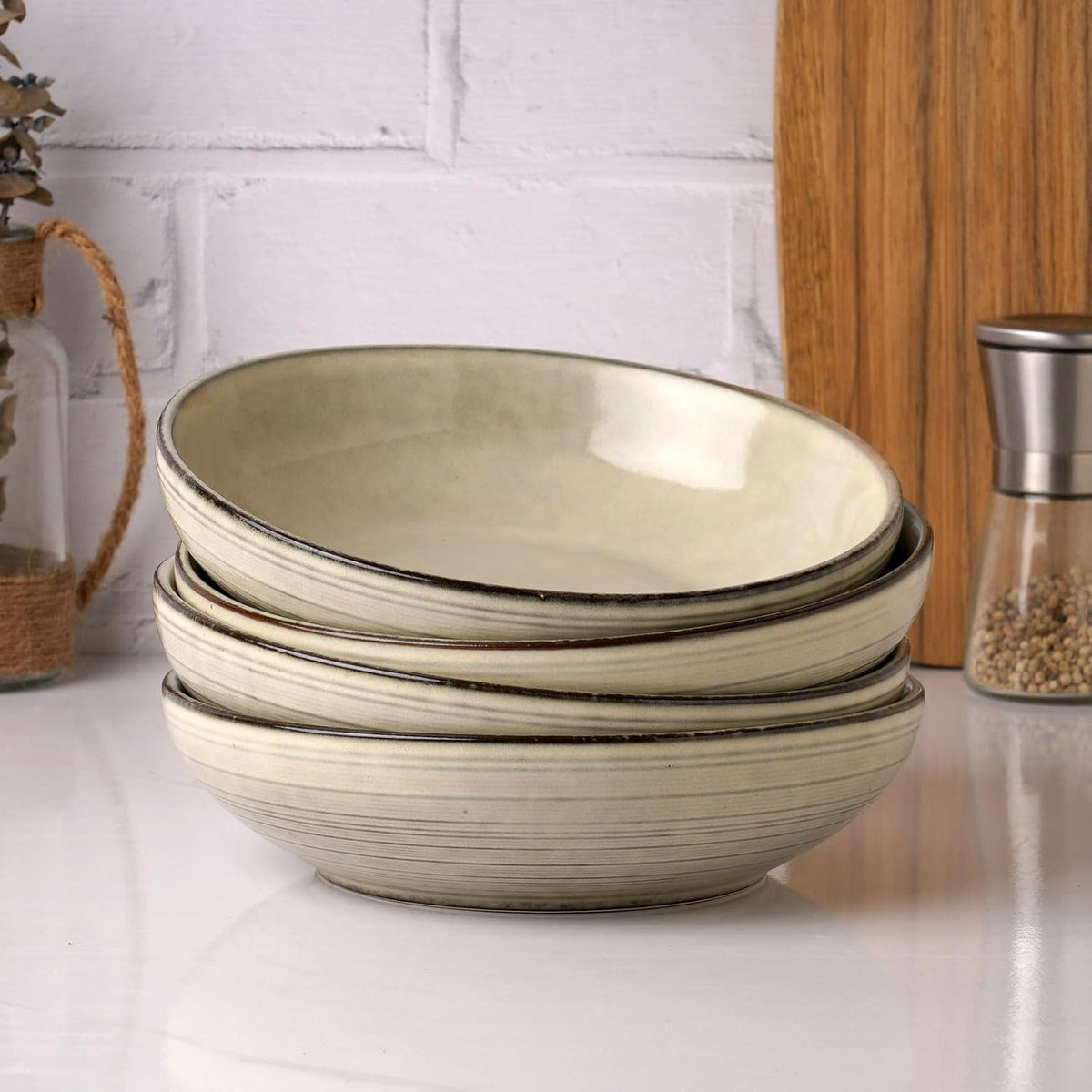 famiware Tempus Pasta Bowls Set of 4, 40 oz Bowls for Kitchen, Stoneware Deep Serving Bowls, Dishwasher & Microwave Safe Bowls for Cereal, Salad, Soup, Dessert etc - Castle Wall