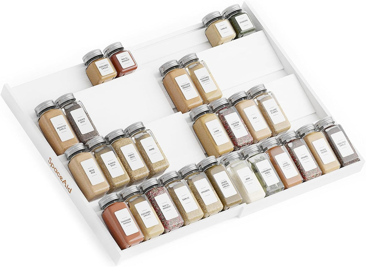 SpaceAid Bamboo White Spice Drawer Organizer, (Need 3" Deep Drawer) Expandable 4 Tier Spices Rack for Cabinet, Kitchen Seasoning Storage Insert (Jars Not Included, From 12" to 23" Wide)