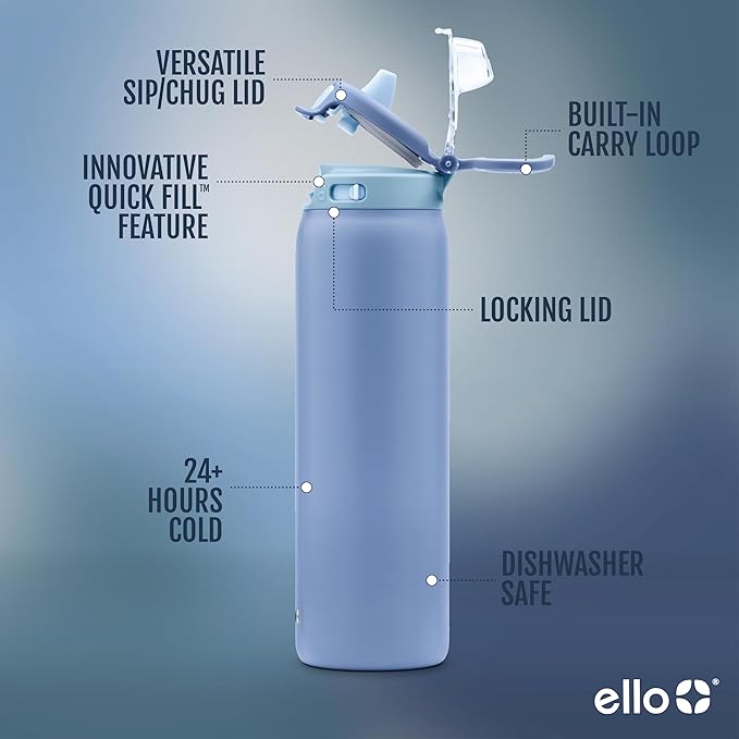 Ello Pop & Fill 22oz Stainless Steel Water Bottle with Quick Fill Technology, Double Walled and Vacuum Insulated Metal, Leak Proof Locking Lid, Sip and Chug, Reusable, BPA Free, Raincloud