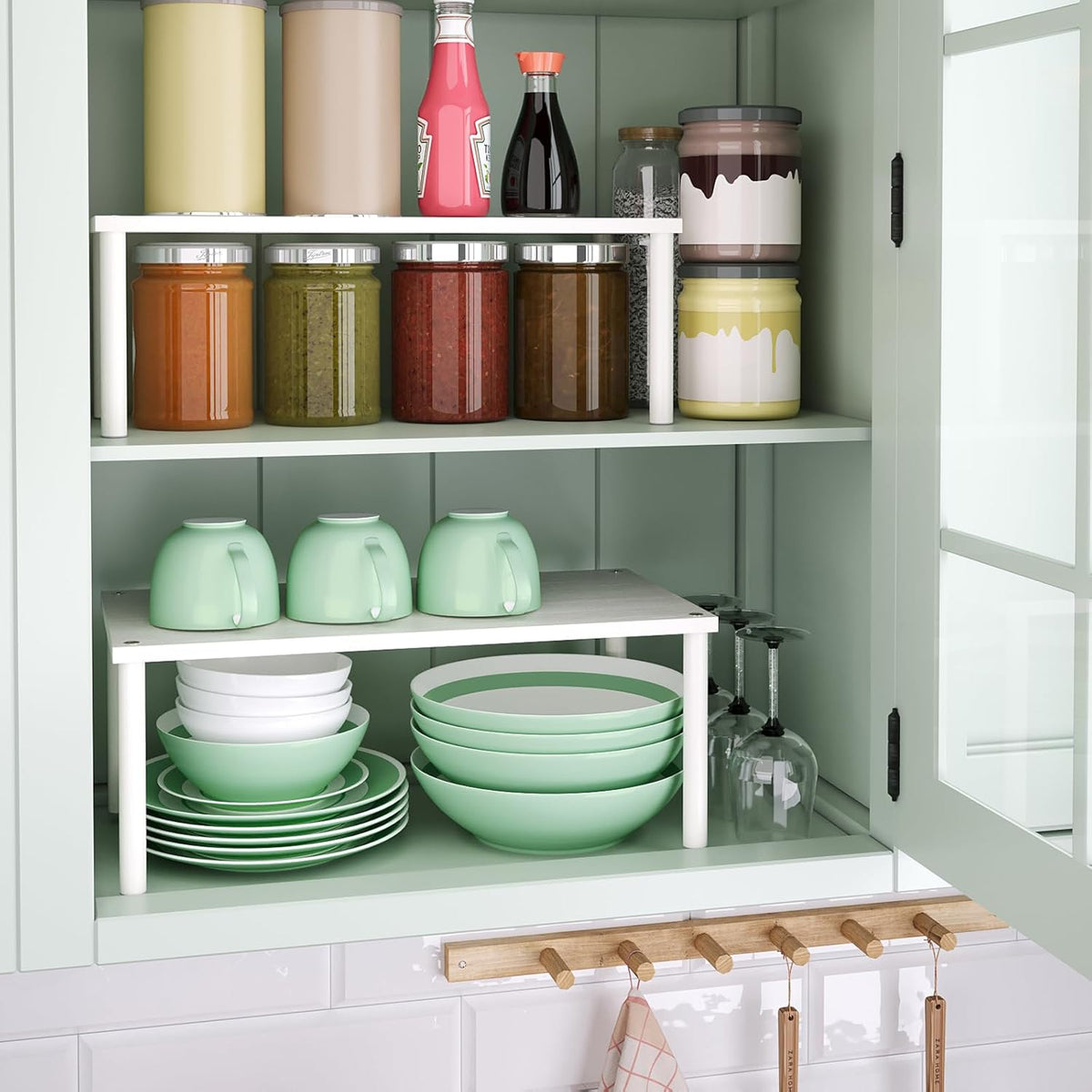 Cabinet Organizer Shelf(Set of 2),Kitchen Counter Shelves,Bamboo Spice Rack Countertop and Cabinet,Stackable Expandable,Large(White)