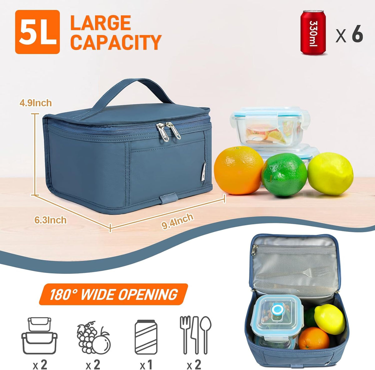 NOL Natural Organic Lifestyle Small Lunch Bag Mini Lunch Box Insulated Lunch Bag for Men/Women Leakproof Cooler Tote Bag Lightweight Nylon Waterproof Lunch Box For Work, Dusty blue