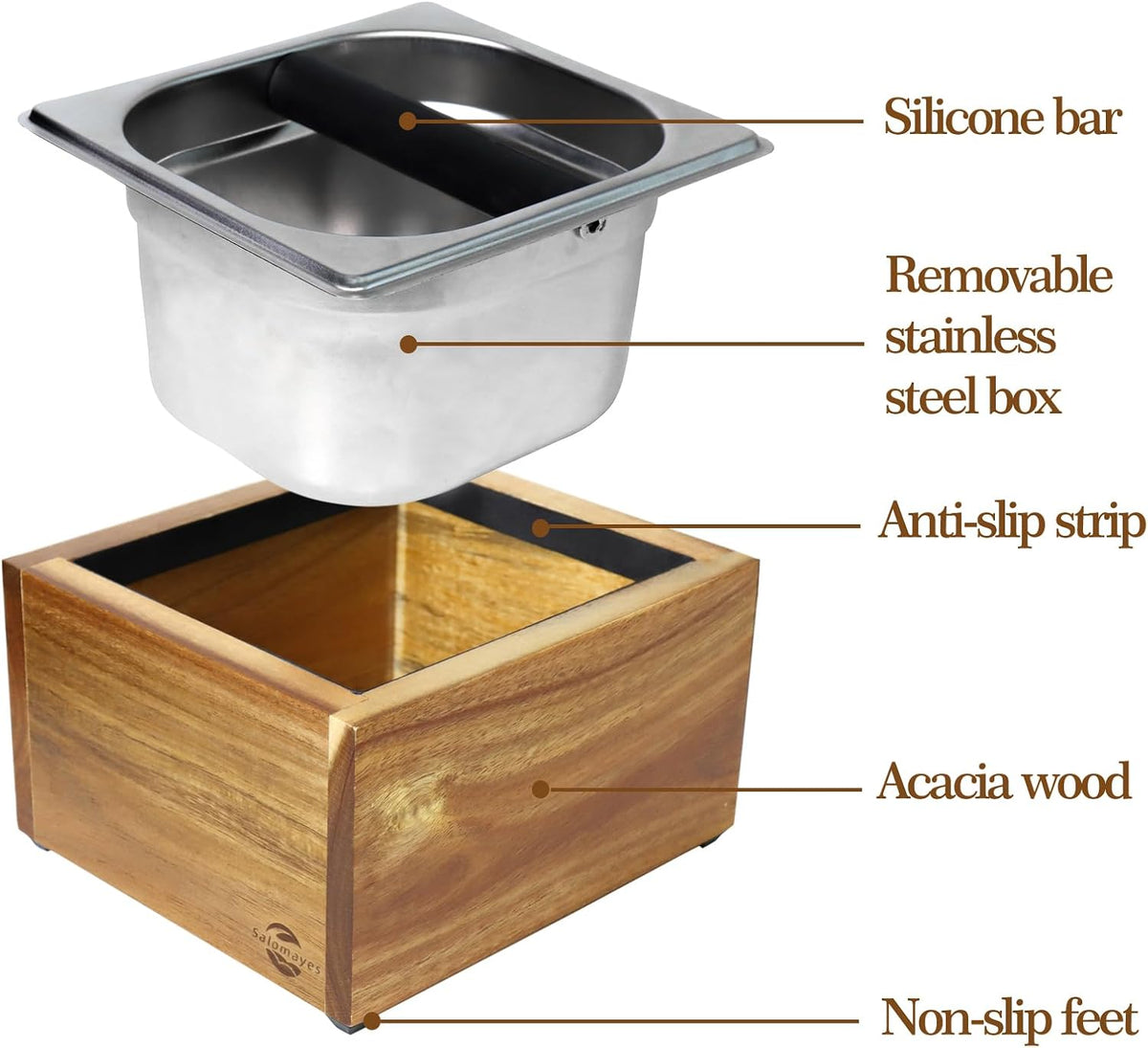 Acacia Wood Espresso Knock Box, Large Capacity with Stainless Steel Interior, Silicone Knock Bar, Anti-Slip Base, Noise-Reducing & Shock-Absorbing Design, Removable for Easy Cleaning