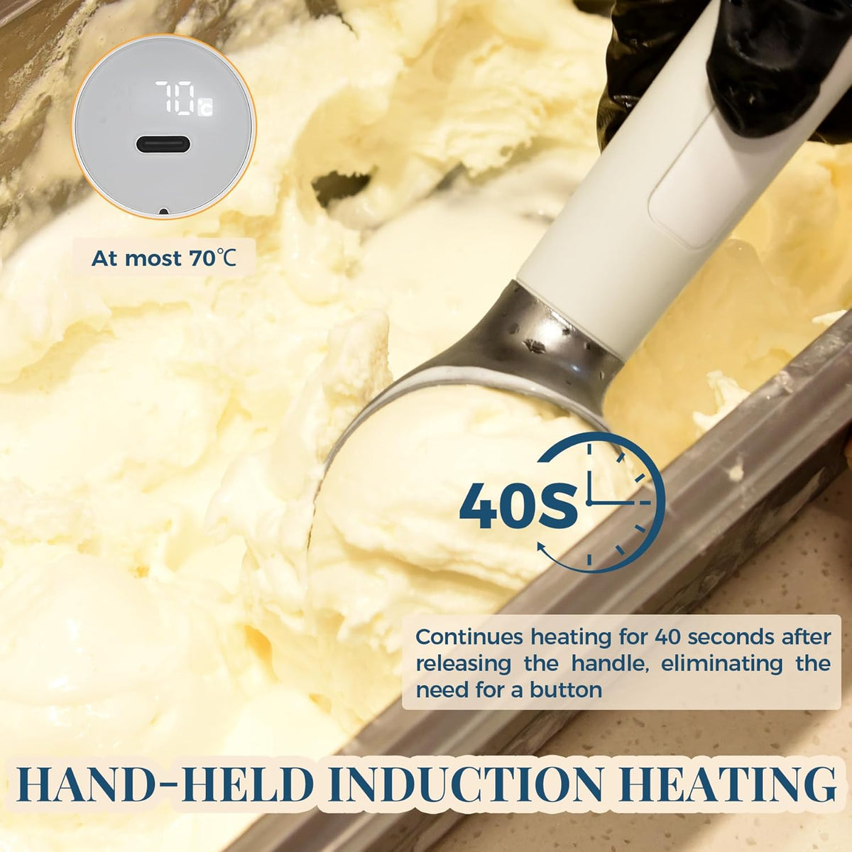 Heated Ice Cream Scoop Rechargeable, Electric Warming Ice Cream Scooper with LED Display, Heats to 158°F for Hard Ice Cream, Easy for Seniors & Kids, IP67 Waterproof (White, 2 oz)