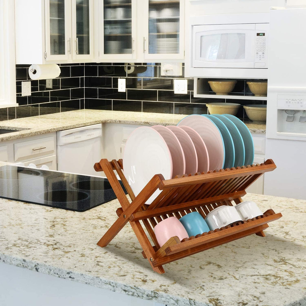 Utoplike Teak Dish Drainer Rack Collapsible 2 Tier Dish Rack Dish Drying Rack Foldable Plate Organizer Holder for Kitchen Compact