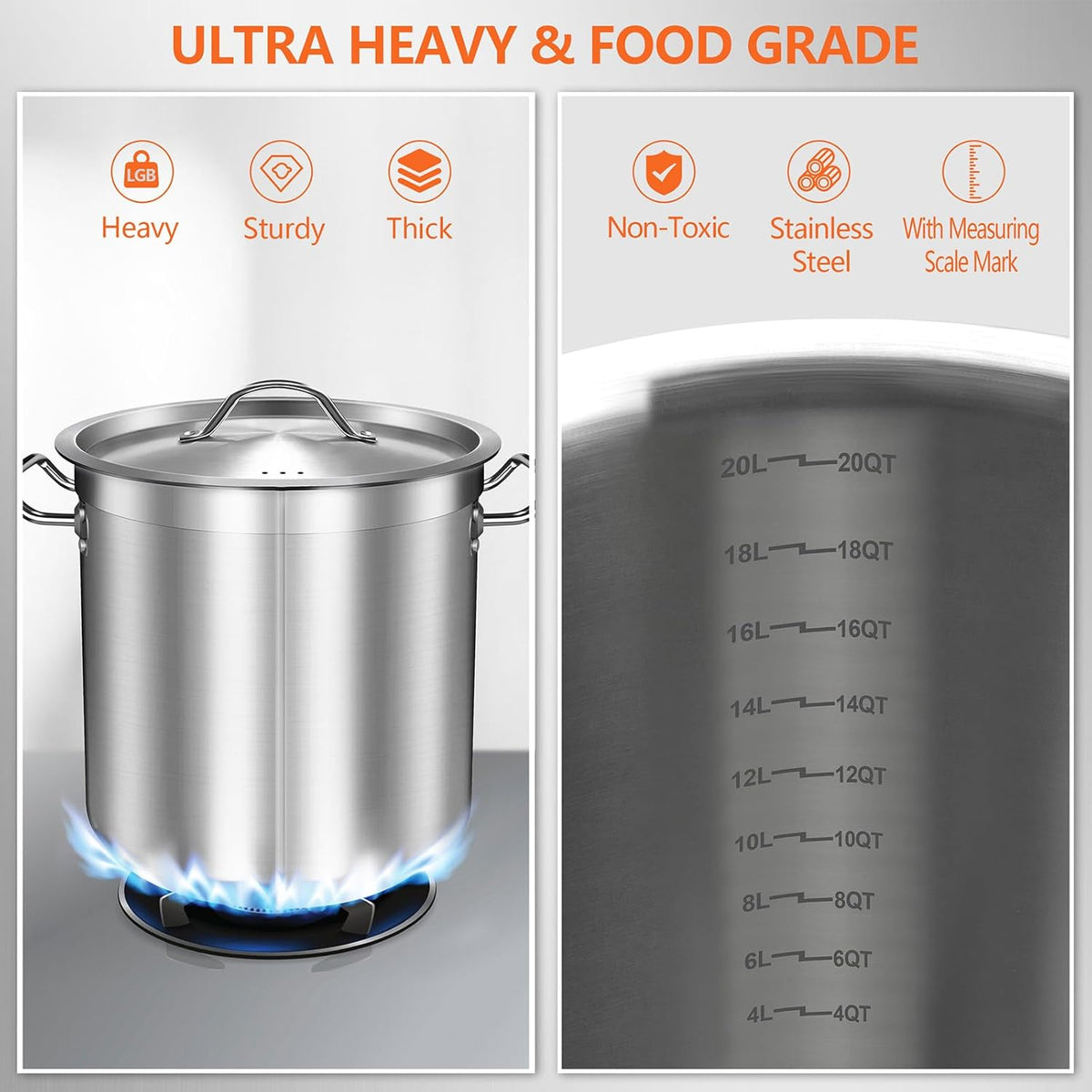 Stock Pot 20 Quart - Stainless Steel Stock Pot with Lid – Heavy-Duty Cooking Pot for Soup, Stew, Pasta – Commercial & Home Use, Induction Compatible - 5 Gallon