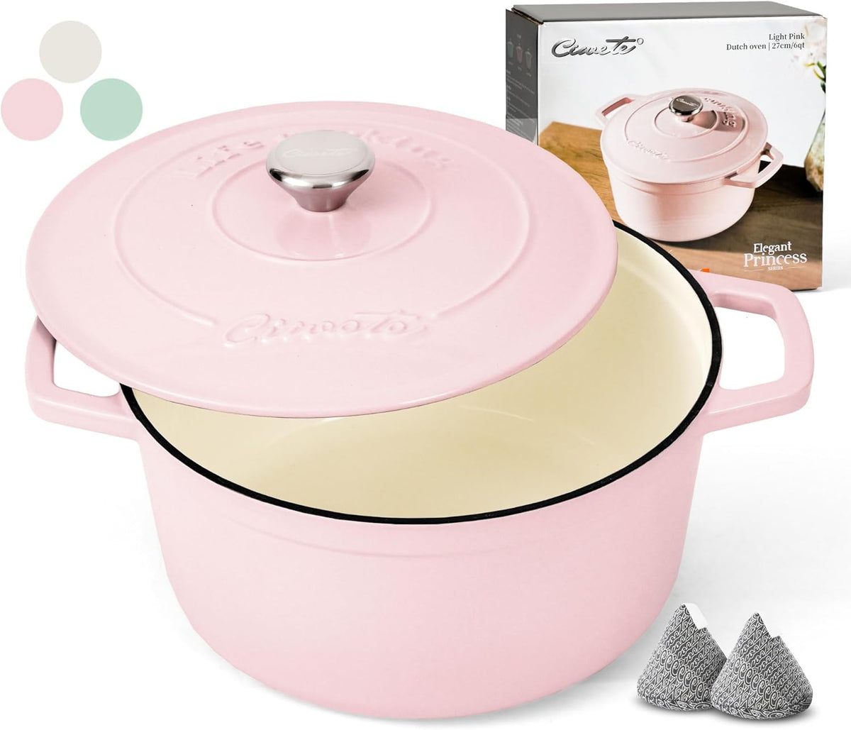 6 QT Dutch Oven Pot with Lid, Enameled Cast Iron Dutch Oven for Bread Making, Braiser, Cooking, Dual Handles, Oven Safe up to 500° F or on Stovetop, Gifts for Family - Pink