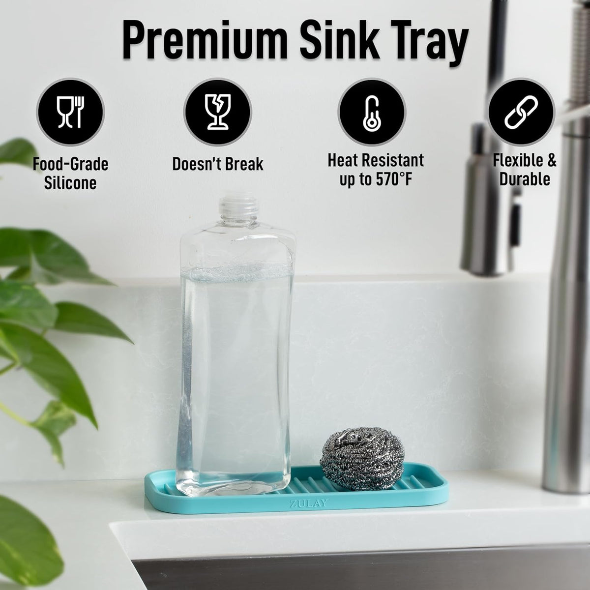 Zulay Kitchen (9x3.5) Silicone Sponge Holder for Kitchen Sink - Flexible Multipurpose Soap Tray Sponge Holder - Sink Organizer Tray for, Bathroom, Makeup, Trinkets & More (Aqua Sky)