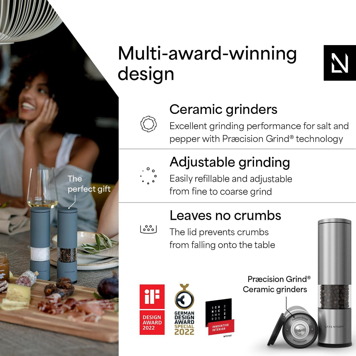 LARS NYSØM Salt and Pepper Grinder Set Manual, Stainless Steel Salt and Pepper Mills with Adjustable Ceramic Grinder I Design Spice Shakers (Stainless Steel)
