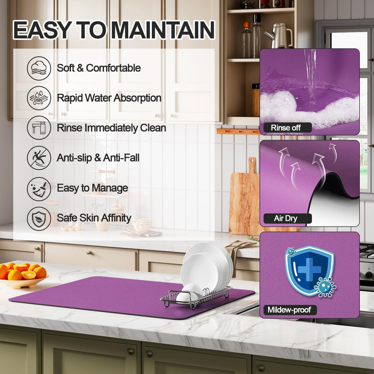 Dish Drying Mat for Kitchen Counter | Coffee Bar Mat for Countertops | Heat Resistant Drainer Mat with Non-slip Rubber Backed | Hide Stain Kitchen Absorbent Draining Mat | Purple 18"x24"