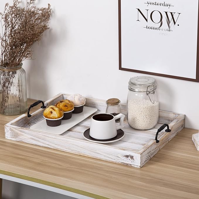 Rustic Vintage Big Wood Food Breakfast Serving Trays with Cutout Metal Handles(20 Inches) Large Nesting Board Decorative Serving Trays Platter in Bed, Ottoman, Coffee Table, BBQ, Party(Washed White